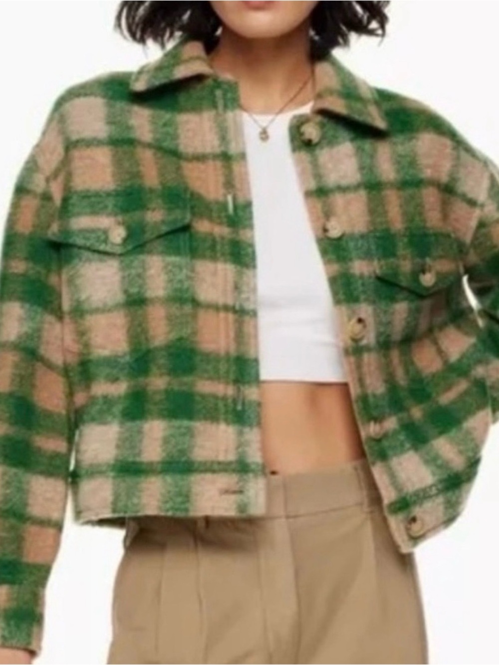 Aritzia Wilfred Free green and beige wool plaid jacket